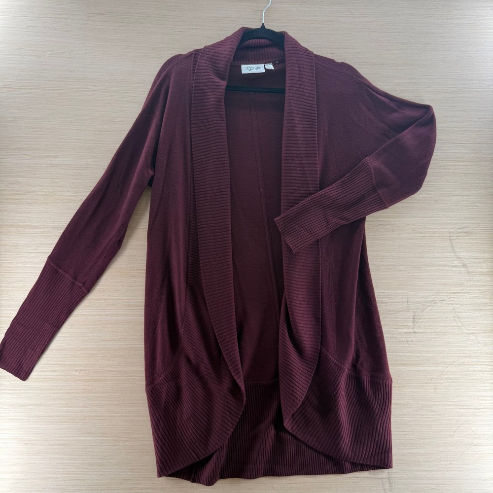RD Style Womens Burgundy Open Front Shawl Collar Longline Cardigan Sweater Large